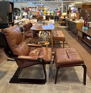 Mid Century Deri Koltuk Ve Puf